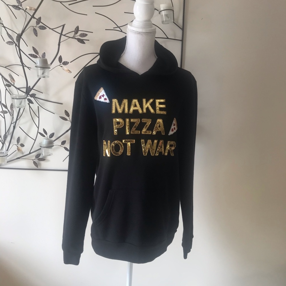 Bow & Drape Black Hoodie Sweatshirt 'Make Pizza Not War' Sequin Detail Sz medium - Picture 4 of 7